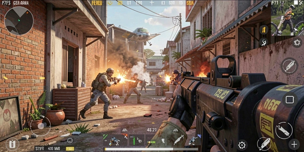 Screenshot F7F7 menampilkan aksi intens dalam pertempuran FPS.