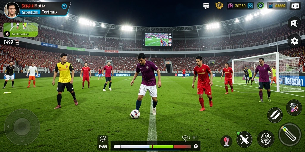 Screenshot utama FA99 menampilkan aksi seru di lapangan sepak bola.