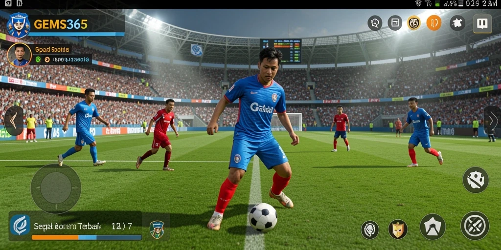 Tangkapan layar GEMS365 menampilkan aksi sepak bola yang intens dan grafis luar biasa.