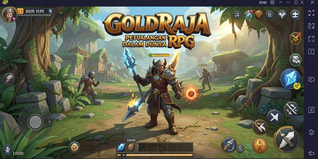Tampilan gameplay seru di GOLDRAJA dengan pertempuran dan eksplorasi yang mendalam.