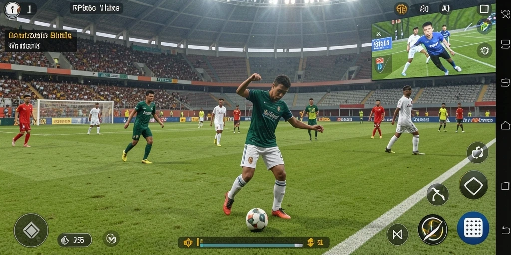 Screenshot gameplay menunjukkan aksi sepak bola yang mendebarkan.